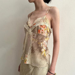 Hnewly Vintage Floral Print Strap Top Retro Y2k Lace Stitching V-neck Crop Tops Women Summer Casual Tees Aesthetic Harajuku Chic