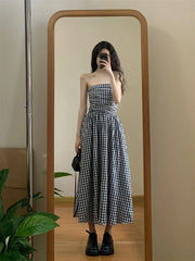 Hnewly Maxi Dress Women Beach Style Chic Strapless Classic Vintage Hotsweet Vacation Summer Leisure Folds Backless Sexy French Vestidos