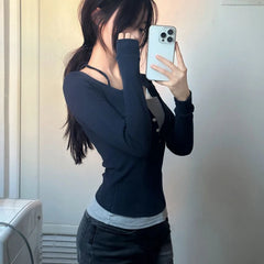 Hnewly Y2K Fake Two Piece T-Shirt Women Fashion Patchwork Aesthetic Crop Tops Female Spring Summer Slim Fit Long Sleeve Tees