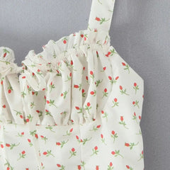 Lunivop New French Style Vintage Rose Flower Print Wood ears Bow Ruched Chest Sling Dress Women Cross Lacing up Backless Short Vestidos