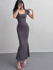 Hnewly Mermaid Dresses Women Sexy Square Collar French Style Vintage Summer Ladies Temperament Slim Ankle-length Fashion Ulzzang Chic