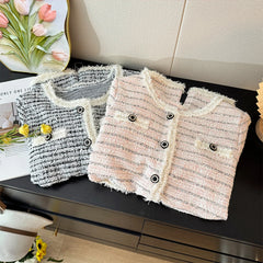 Hnewly Fashion Sweet Tweed Jacket Women 2025 Autumn New Luxury Single-breasted Short Coats O-Neck Long Sleeve Elegant Female Outwear