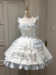 Hnewly Blue White Sweet Lolita JSK Doll Dress Women Cute Bow Ruffles Hit Song Party Princess Dress Suit with Kawaii Short Cloak