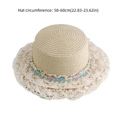 Hnewly Sweet Large Brim Straw Sun Hat Sun Protection with Lace Trim Lace Ribbon Bucket Hat UV Protection Beach Sunshade Hat Summer