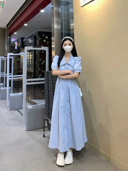 Hnewly Women Dress Preppy Style Peter Pan Collar Short Sleeve Sweet Single Breasted Elegant Fashion Female Dresses Casual