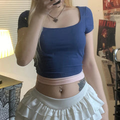 Hnewly Fake Two-piece Cropped Top Patchwork Square Collar Short Sleeve T Shirt Women Skinny Basic Tee Summer Y2k Aesthetic Shirt