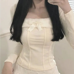 Hnewly Fashion Square Collar Bow Tops Women Spring Autumn New Thicked Warm Bottoming T-shirts Y2k Slim Fit Long Sleeve Blusas Mujer