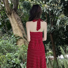 Hnewly Red Polka Dot Neck Sling Dress for Women's Summer Travel, Beautiful Seaside Vacation, Beach Long Skirt for Women