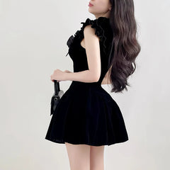 Hnewly DRESS TO IMPRESS Elegant Velvet Black Mini Dresses Sleeveless A-line Korean Fashion Birthday Party Coquette Sexy Ballroom Dress Women