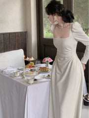 Hnewly Spring New Elegant Square Collar Midi Party Dress For Women Long Sleeve Black White Slim Vestidos Female Clothes