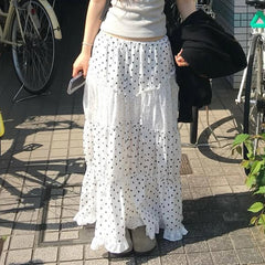 Hnewly Fashion Polka Dot Print Women Causal Long Skirts Ruffly Ruched Spliced Sweet Simple Summer New Chic Skirts