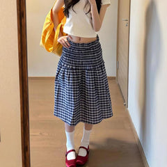 Hnewly Korean Elastic High Waist Plaid Skirt Women Summer Patchwork Sleeveless A Line Dress Woman Chic Pleated Midi Skirts Female