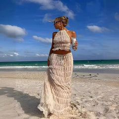 Hnewly Fashion Sexy Halter Neck Strap Vest Women's Aesthetic Lace Pleated Long Skirt Suit Spring Summer