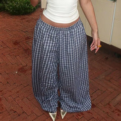 Hnewly Spring New Product Simple and Personalized Waist Collection Color blocked Grid Design Wide Legs Comfortable Pants