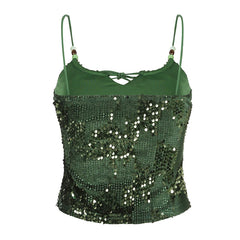Hnewly Summer Party Sequin Camis y2k Retro Green Sleeveless Lace-up Skinny Crop Top for Women Vintage 2000s Strap Tees Aesthetic