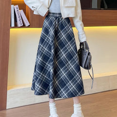 Hnewly Autumn Winter Vintage Plaid Mid Skirt Women Koeran A-Line Elastic Waist Skirts Woman Comfortable High Waist Skirt Mujer