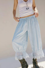 Lunivop Bloomers Pants for Women Y2K Lace Trim Vintage Pantaloons Cute Ruffled Pumpkin Long Pants Capri Pajama Bottoms Casual Streetwear