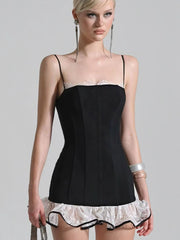 Hnewly Y2K Sexy Sweet Style Mini Dress Women Square Collar Contrast Mesh Patchwork Ruched Hem Birthday Party Fashion Outfits