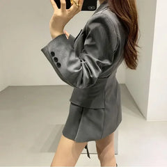 Hnewly Premium Spring Double Belt Black Suit Coat Women Thin Irregular Fake Two Piece Waist Slimming A-line Short Suit Dress for Women