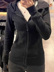 Hnewly 2025 Autumn New Cardigan Coat Women Y2k Slim Fit Black Hooded Sweatshirt Fashion All-match Long Sleeve Zipper Tops Mujer Jacket