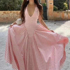 Hnewly Spring Women's Elegant Waist Hanging Neck V-neck Crimson Waist Dress