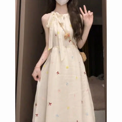 Hnewly New Chinese-style Sweet and Slimming New Style in Summer New Style Waist-hugging French Bow Dress the dress black dress white dress