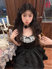 Hnewly Summer New Fashion Mini Dresses American Black Gothic Evening Party Clothing Women Elegant Sweet Lace Short Dress Vintage Chic