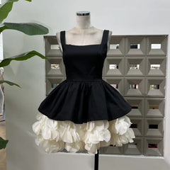 Hnewly Fashion Patchwork Dress Women's Square Collar Sleeveless Casual A Line Dresses 2025 Summer New Tide