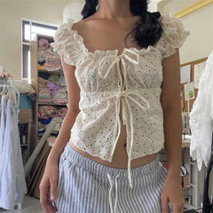 Hnewly y2k Tank Top Women Coquette Clothes Ruffle Trim Hollow Out Square Neck Sleeveless Tie Up T Shirt 2000s Vest Streetwear