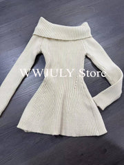 Hnewly trashy outfits Women Sweater Sweet Slash Neck Off Shoulder Ruffles Autumn Winter Slim Stretch Elegant Knitted Tops Ladies Pullover