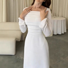 Hnewly Square collar long sleeved new dress high waist solid color fashionable dress pleated slim fit high waist casual long dress
