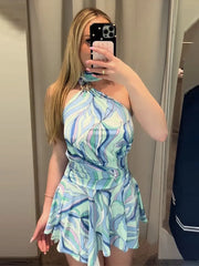 Hnewly Swirl Print Halter Neck Mini Dress Sleeveless Spaghetti Strap Slim Fit Short Dresses Summer Casual Fashion Beach Sundress