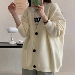 Hnewly Slouchy Knit Cardigan Sweater for Women Long Sleeve V-neck Comfy Button Up Sweater Jacket Female Autumn Winter Casual Outfit