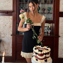 Hnewly Vintage Square-neck Stitch Prom Dress Y2K Sexy Spaghetti Strap Pleated Mini Dresses Summer Women's Sleeveless Vestidos