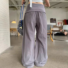 Hnewly Vintage Patchwork Wide Leg Pants for Women Y2K Lapel Low Waist Streetwear Dance Pants American Hip Pop Loose Parachute Trousers