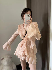 Hnewly 2 Piece Vintage Sets Retro Elegant Y2k Skirt Suit Elegant 2000s Retro Clothes Women Long Sleeve Shirt A-Line Mini Skirt Elegant