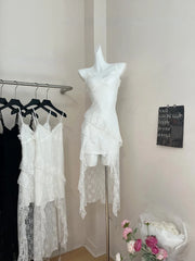 Hnewly 2000s Vintage Y2k Mini Dress Women Casual Sexy Irregular Design Lace Strap Party Dress Bodycon Summer Retro Y2k Fairy Sleeveless
