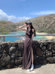 Hnewly French Vintage V-neck Midi Dress Female Casual Beach Style Clothing Summer Retro Elegant One Piece Dress Korean Fashion Chic