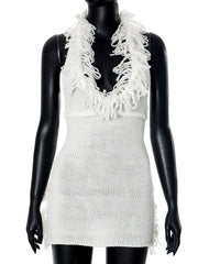 Hnewly Crochet Halter Dress Women Low-Neck Bandage Backless Stretch Tassel Skinny Sleeveless Street Elegant Mini Bodycon