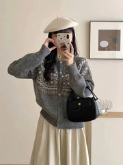 Hnewly Cute Cartoon Cardigan Sweater for Women Long Sleeve Crew Neck Button Up Knitted Jacket Knitwear Teen-girl Fall Winter Outfit