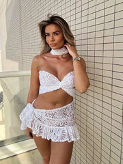 Hnewly Sexy See Through 2 Piece Set Women Halter Cross Low-Neck Bandages Mini Tops+Ruched Lace-Up Skirts Y2K Style Outfits