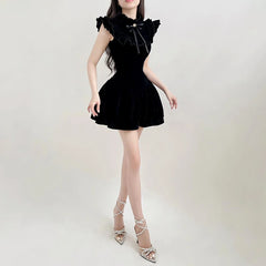 Hnewly DRESS TO IMPRESS Elegant Velvet Black Mini Dresses Sleeveless A-line Korean Fashion Birthday Party Coquette Sexy Ballroom Dress Women
