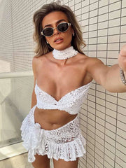 Hnewly Sexy See Through 2 Piece Set Women Halter Cross Low-Neck Bandages Mini Tops+Ruched Lace-Up Skirts Y2K Style Outfits