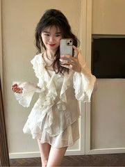 Hnewly 2 Piece Vintage Sets Retro Elegant Y2k Skirt Suit Elegant 2000s Retro Clothes Women Long Sleeve Shirt A-Line Mini Skirt Elegant