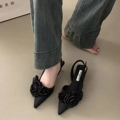 Hnewly New Brand Women Sandal Fashion Flower Ladies Elegant Dress Slingback Shoes Thin Low Heel Dress Mules Pumps