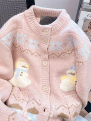 Hnewly Cute Snowmen Pink Cardigan Sweater Women Vintage Sweet Print Loose Knitted Coat Japan Fall Winter Kawaii Female O Neck Tops