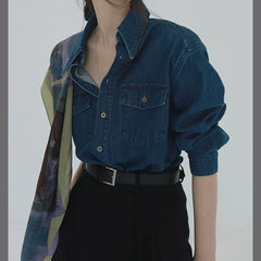 Hnewly Women Denim Shirt Long Sleeve Polo -Neck French Retro Spring Autumn New Korean Style Slim Washed Denim Coat Femal Casual Shirt