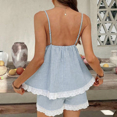 Hnewly y2k Pajama Set Women Summer Stripes Lace Patchwork Sleeveless Camisole Tops with Shorts 2 Piece Sleepwear Loungewear
