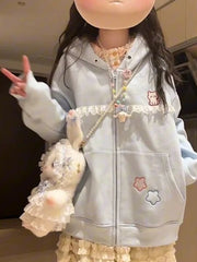 Hnewly Women Cute Cartoon Hoodies Vintage Lace Patchwork Loose Sweet Sweatshirts Fall Preppy Style Japan Pockets Lady Kawaii Tops