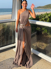 Hnewly Cutenew Sexy Hollow Metal Buckle Dress Women Waistless Skew Collar Sleeveless High Split Elegant Stretch Classic Summer Bodycon